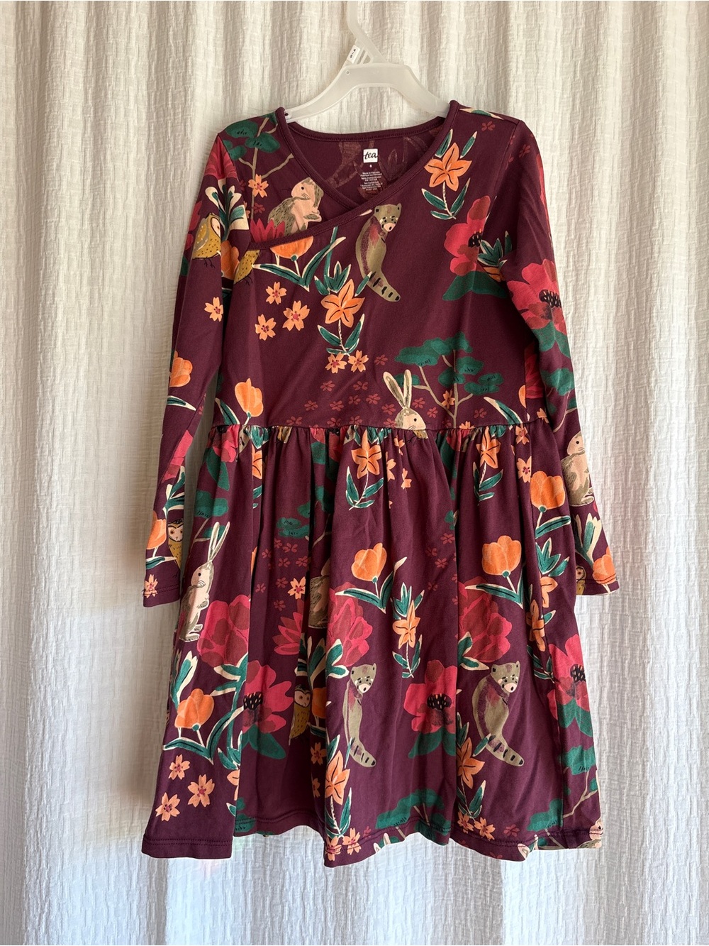 Tea Collection Burgundy Floral & Animal Print Long Sleeve Dress